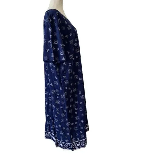 La Cera 1X NWT Cotton Tunic Maxi Dress Blue and White Side Pockets - Picture 6 of 9